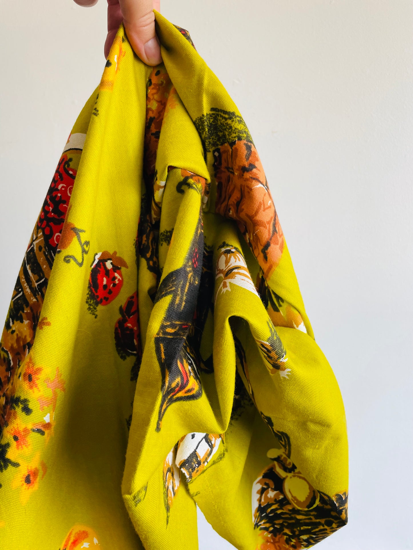 Bright Chartreuse Coloured Fabric with Fun Vegetable, Fruit, & Flower Harvest Design