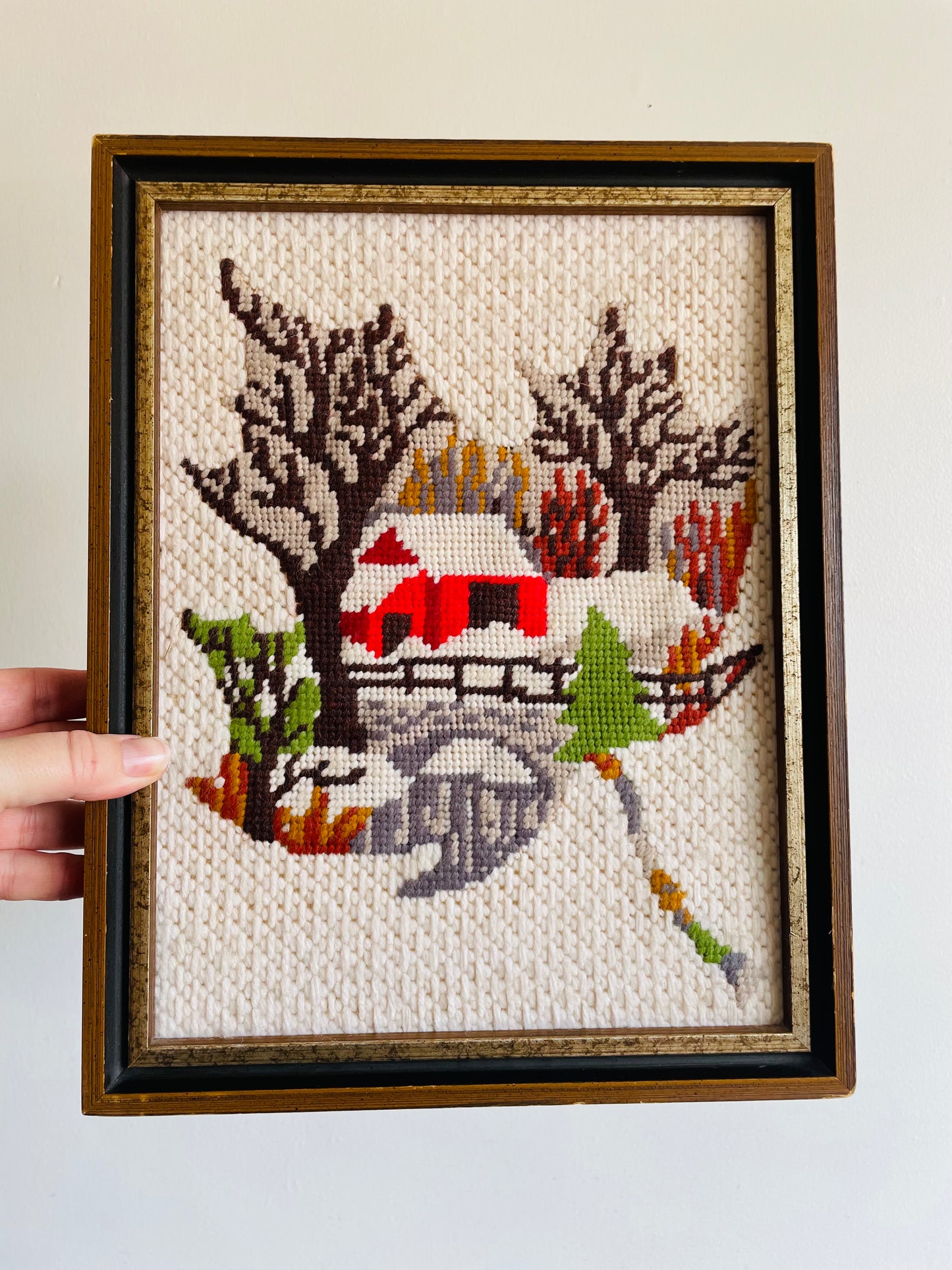 Cozy Red Cabin & Covered Bridge Embroidery Picture