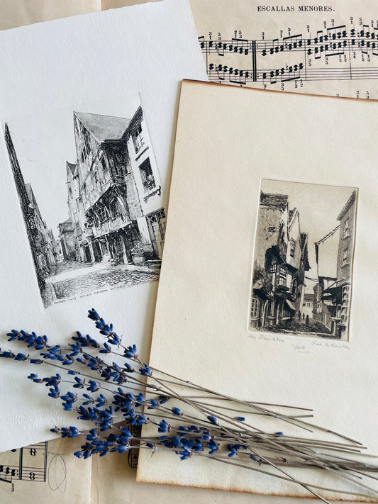 Vintage Collection of 2 Art Prints - Paper Etching Pencil Signed of The Shambles in York, England & Copperplate Engraving of Chinon, France by Leopold Robin