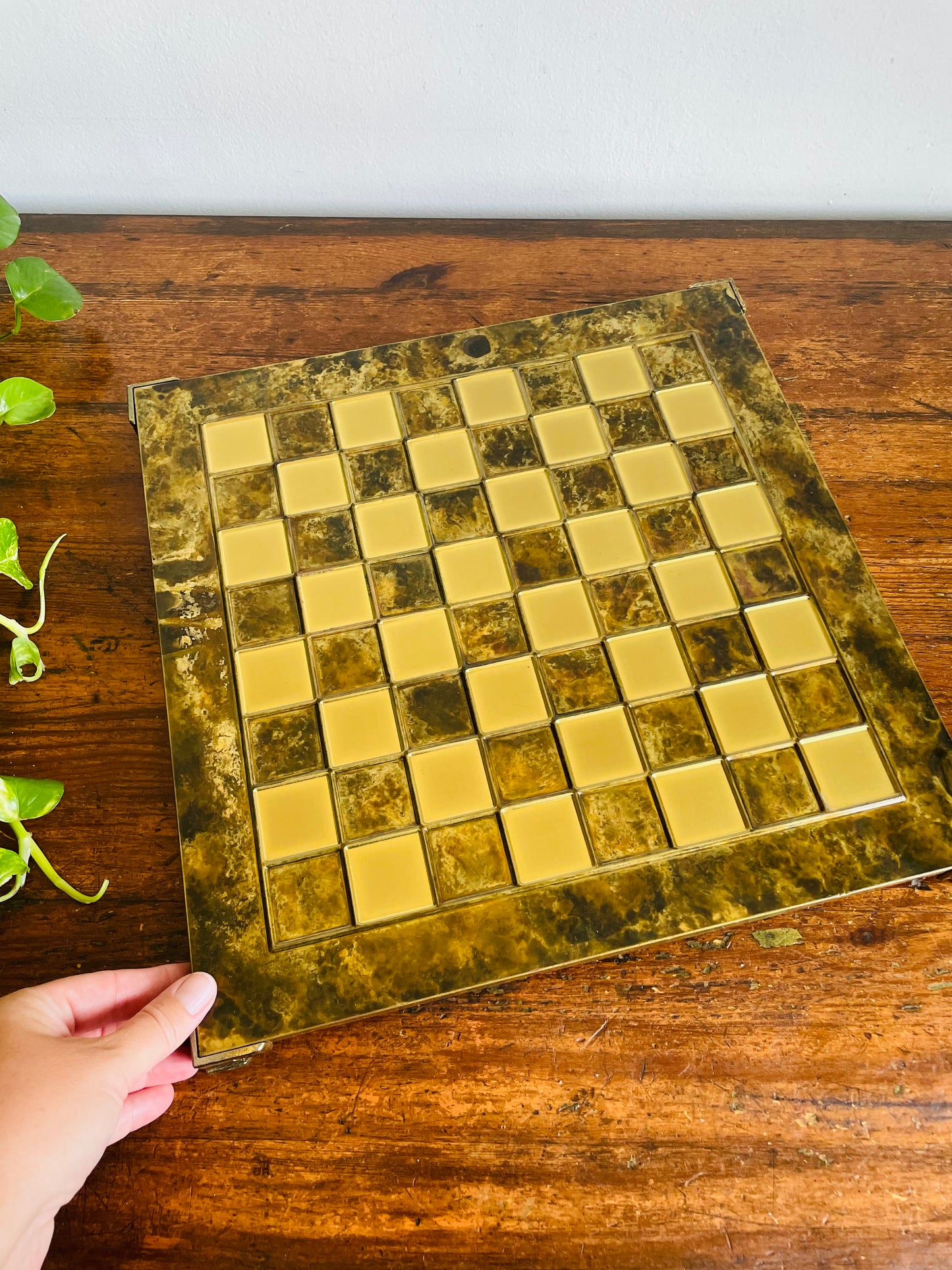 Footed Solid Brass Chessboard with Marbled Design - Great for a Game, Staging, Tray, Background, Etc.