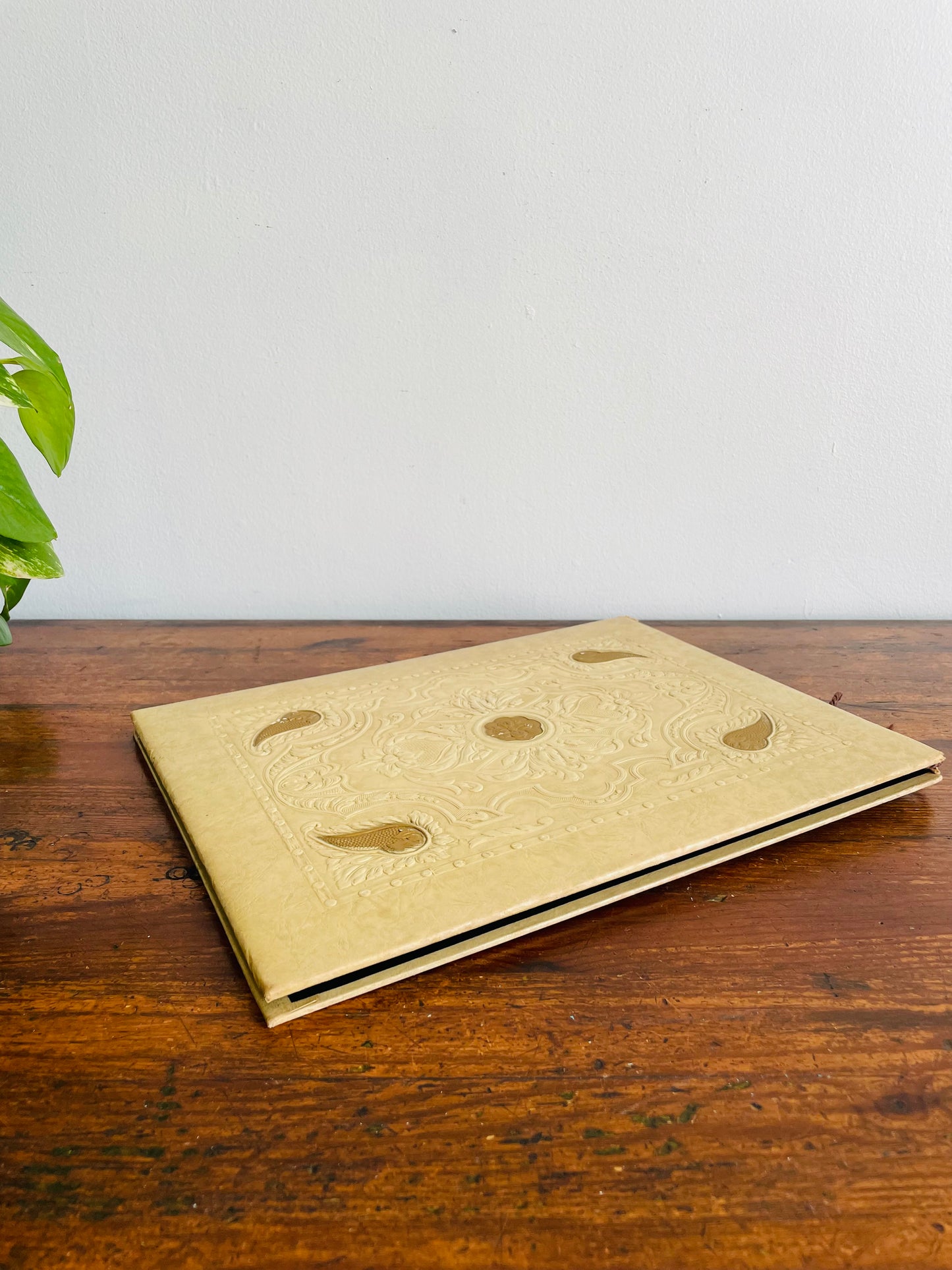 Antique Photo Album or Scrapbook - Cream with Gold Flowers & Filigree - Black Pages - Empty