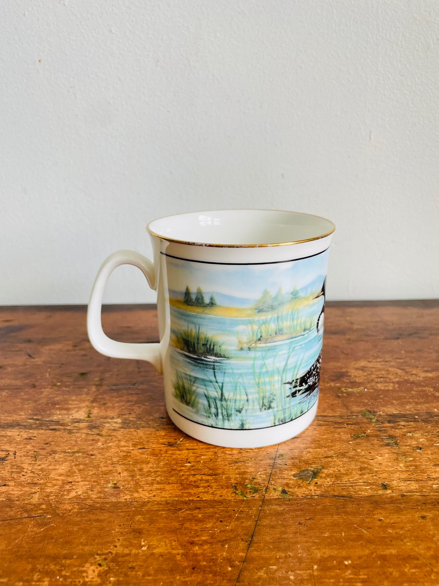 Vintage Mug With Loon Birds on Lake Graphic #1 - Sunrise Fine Bone China - Made in Canada