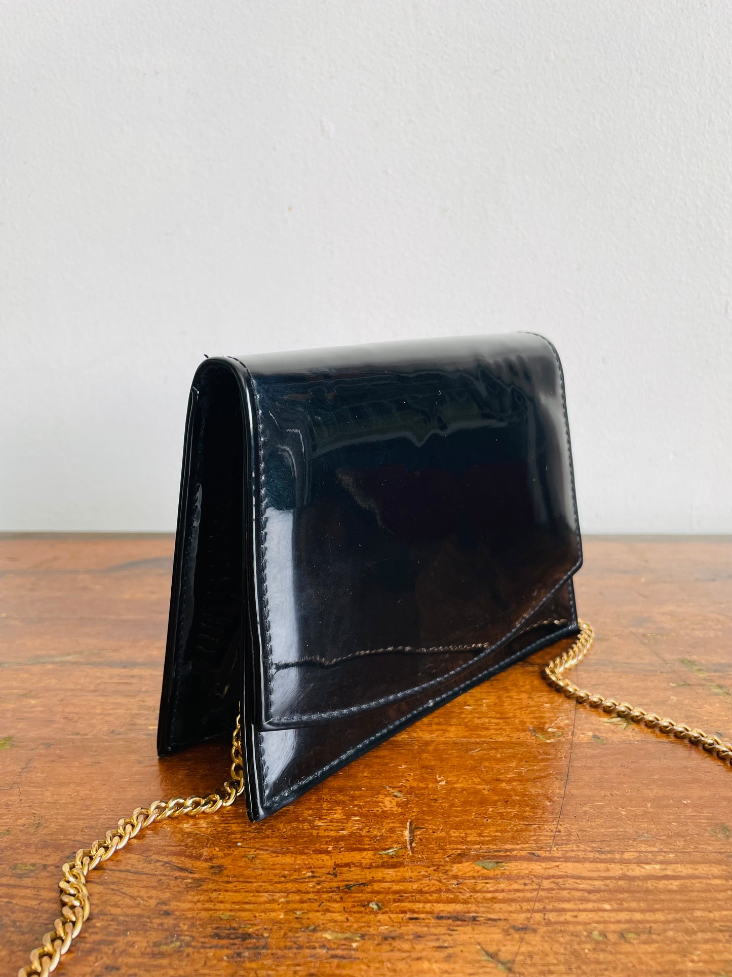 Vintage Little Black Patent Leather Crossbody Clutch Purse on Long Brass Gold Chain