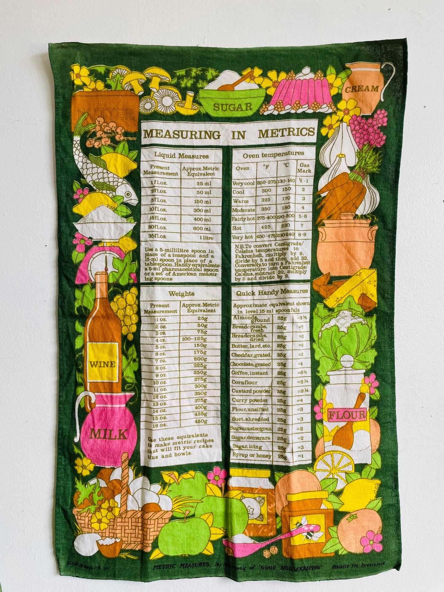 Vintage Irish Linen Tea Towel with Measuring In Metrics Guide & Adorable Bright Graphics - Old Bleach Made in Ireland