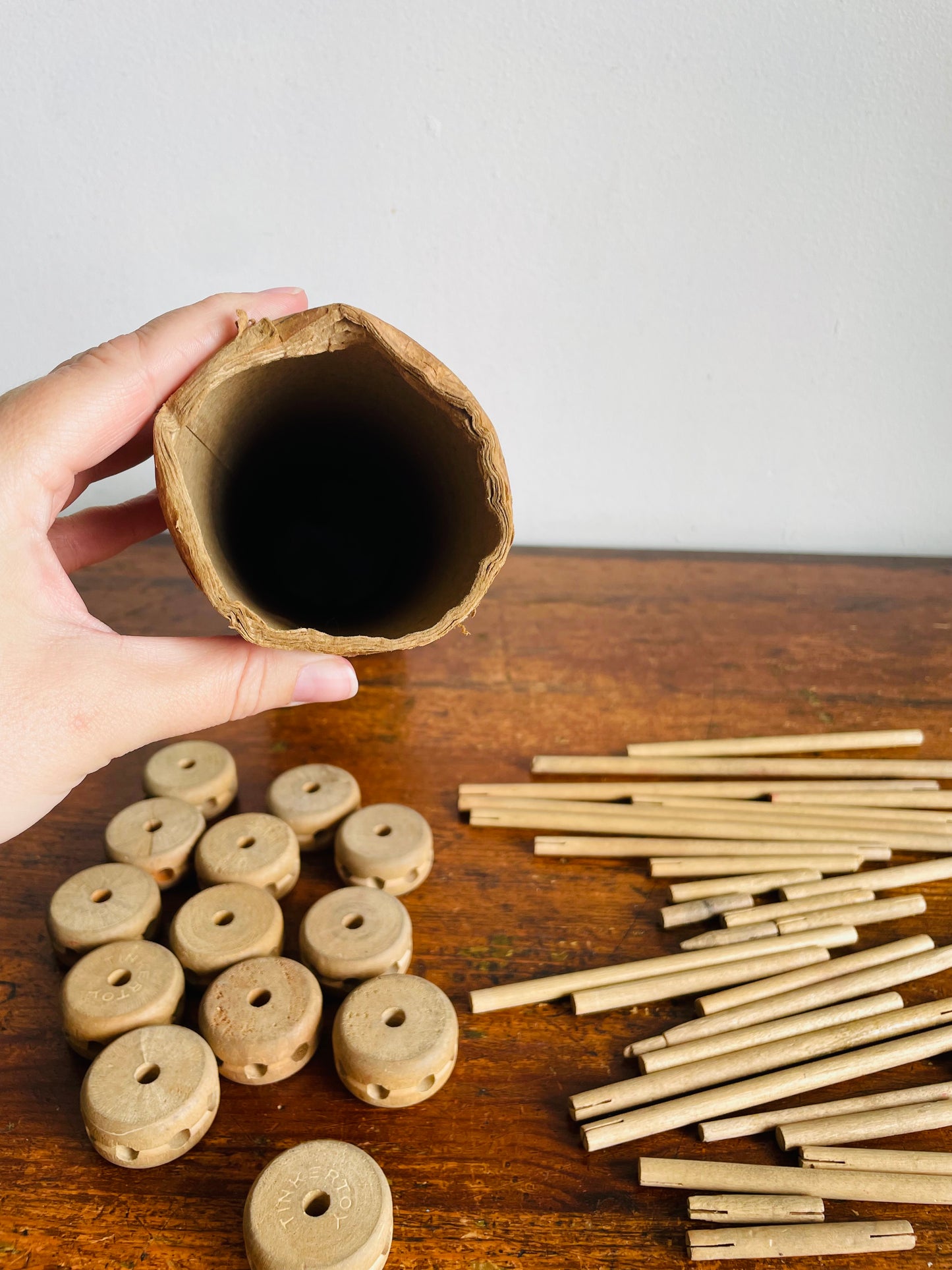 Vintage Junior Tinkertoy for Beginners Green Label Canister with Wood Building Blocks - Includes 42 Pieces