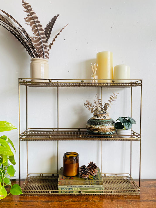 Vintage Gold Toned Metal & Brass Wall Hanging Shelf with Openwork Grill Design & Raised Edges - 3 Shelves- No Shipping