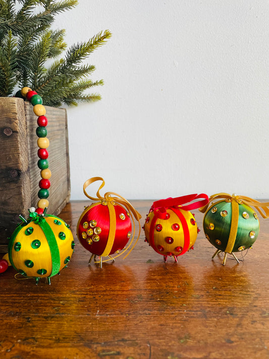 Vintage Collection of Handmade String Wrapped Beaded Sequined Push Pin Christmas Ornaments with Velvet Ribbon - Set of 4