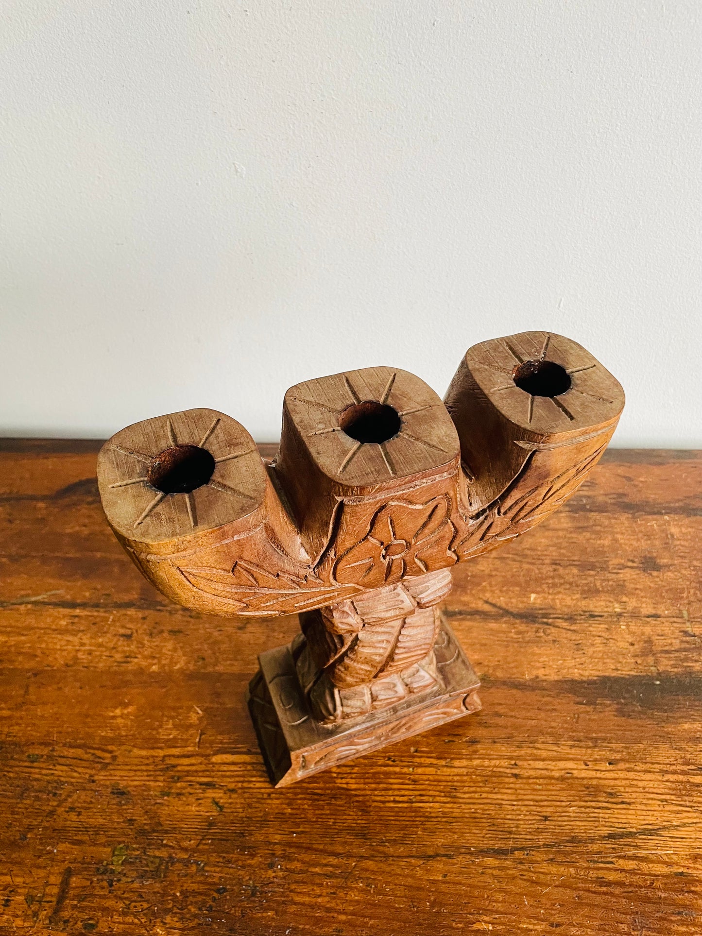 Large & Solid Hand Carved Wood Three Branch Candle Holder - Artist Signed R. Joseph