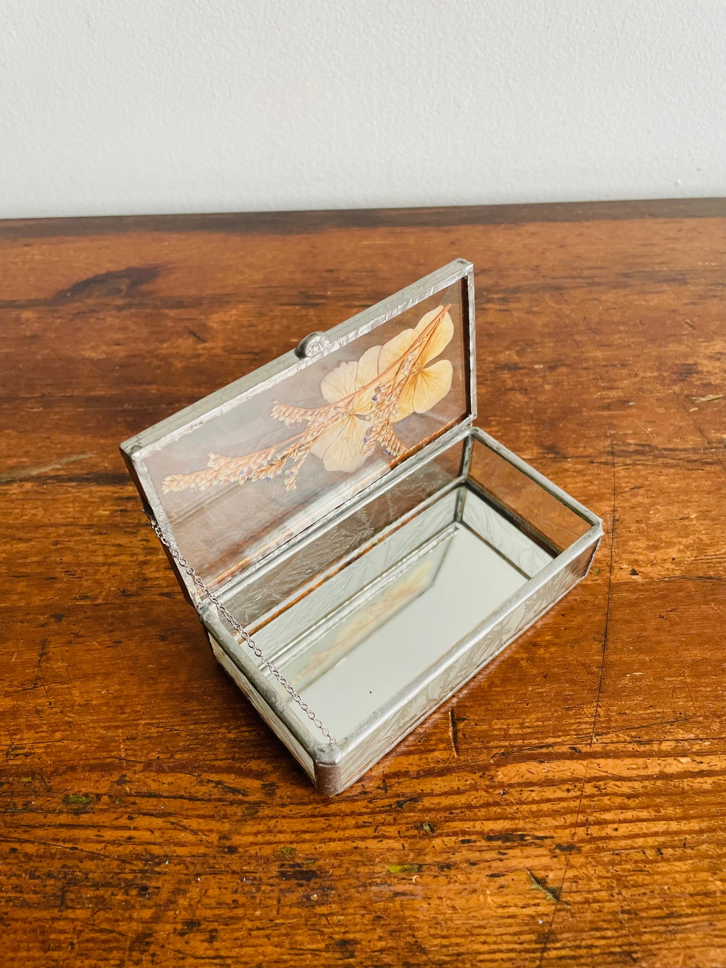 Metal & Glass Mirrored Trinket Jewellery Box with Dried Pressed Flower Lid