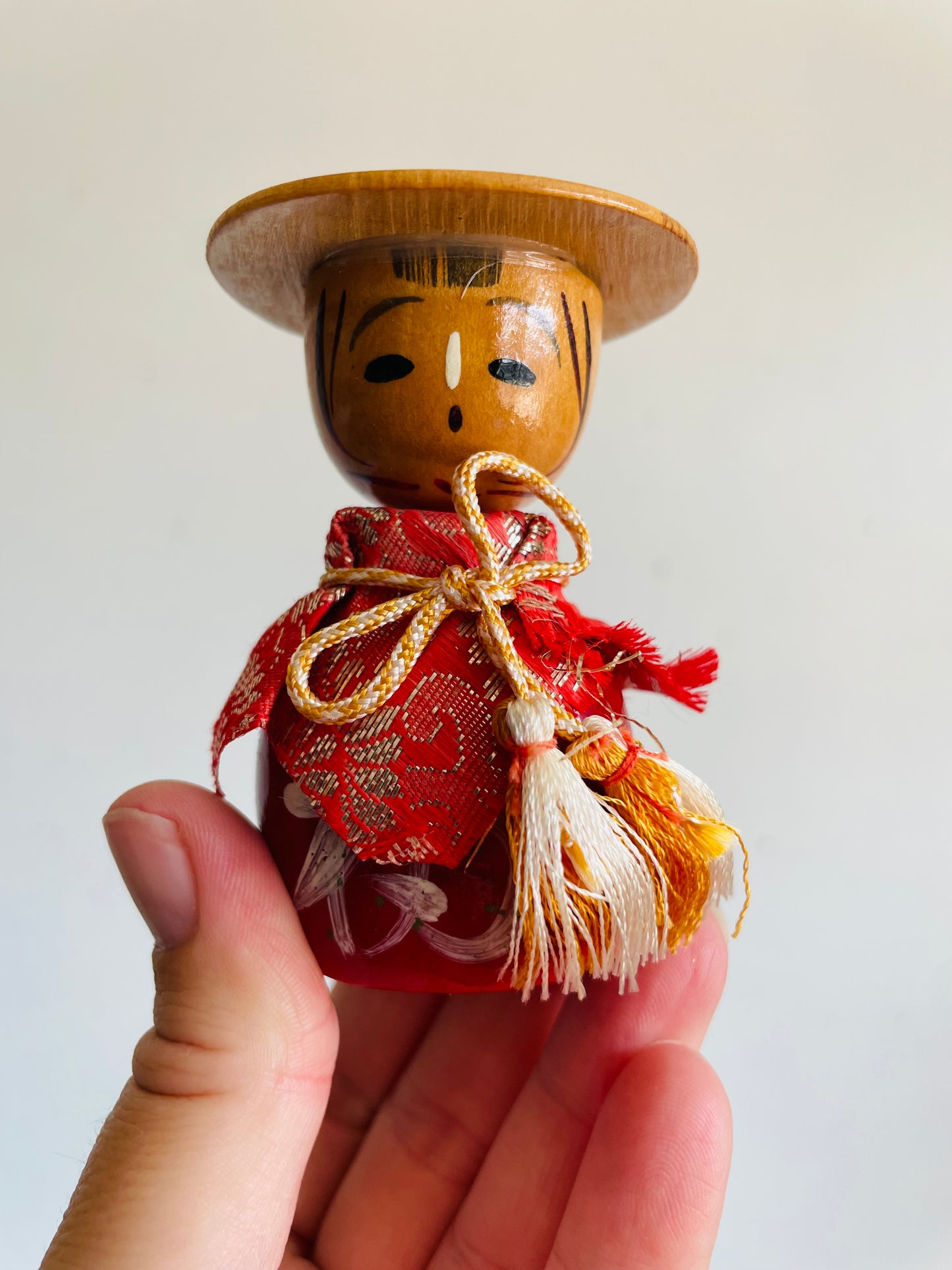 Vintage 3" Tall Japanese Wooden Kokeshi Bobblehead Doll in Red Fabric Dress with Belt & Hat