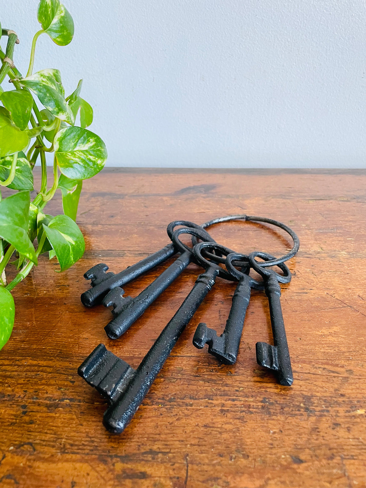 Vintage Black Cast Iron Oversized Ring of Five Skeleton Keys
