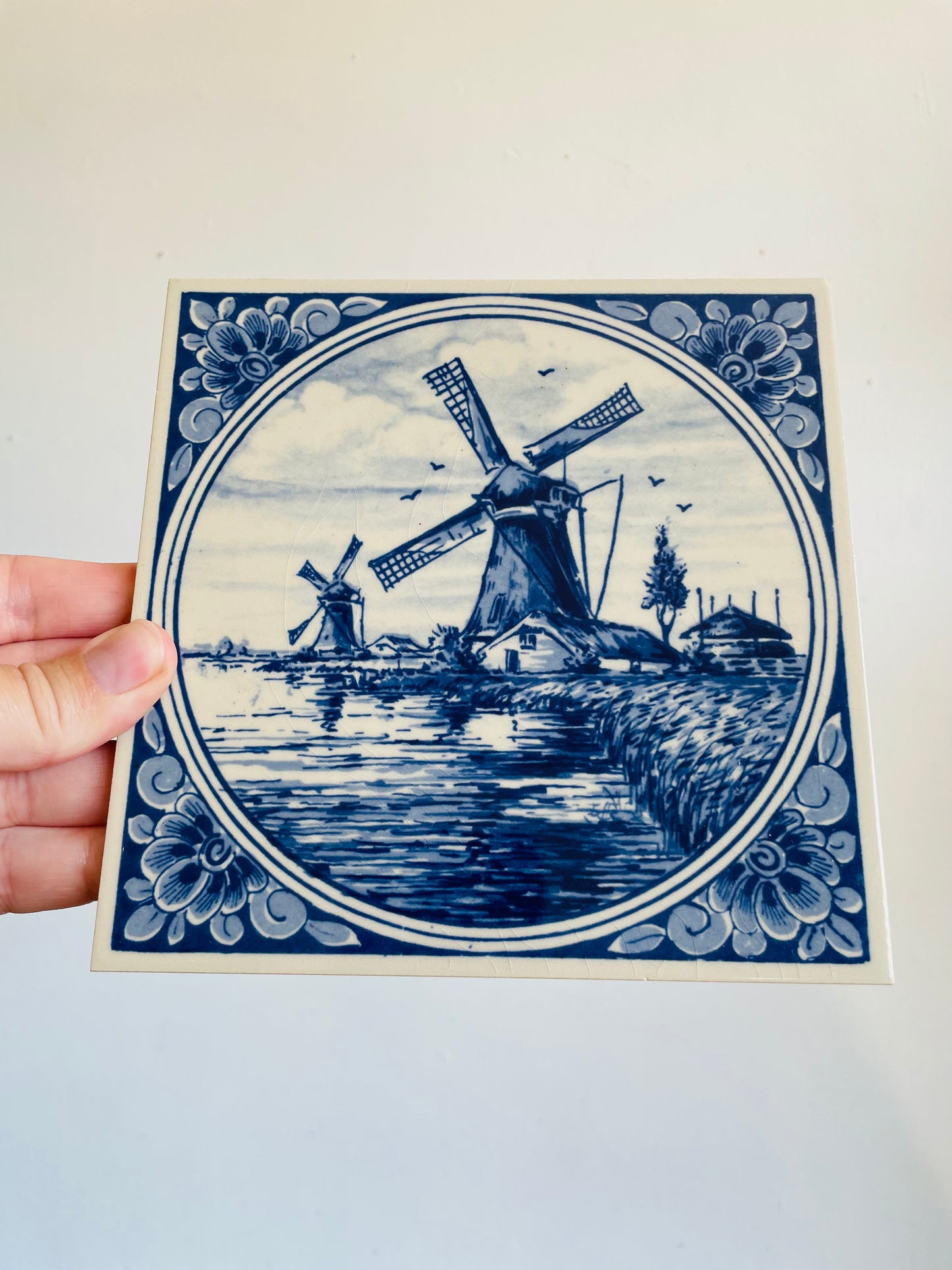 Vintage Delft Blue Dutch Windmill Hand Painted Tile - Can Hang on Wall - Made in Holland