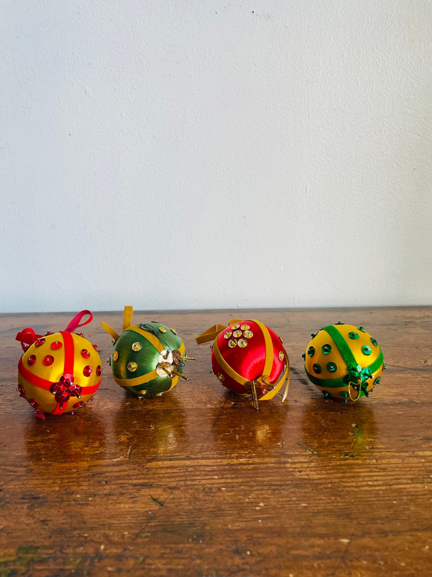 Vintage Collection of Handmade String Wrapped Beaded Sequined Push Pin Christmas Ornaments with Velvet Ribbon - Set of 4