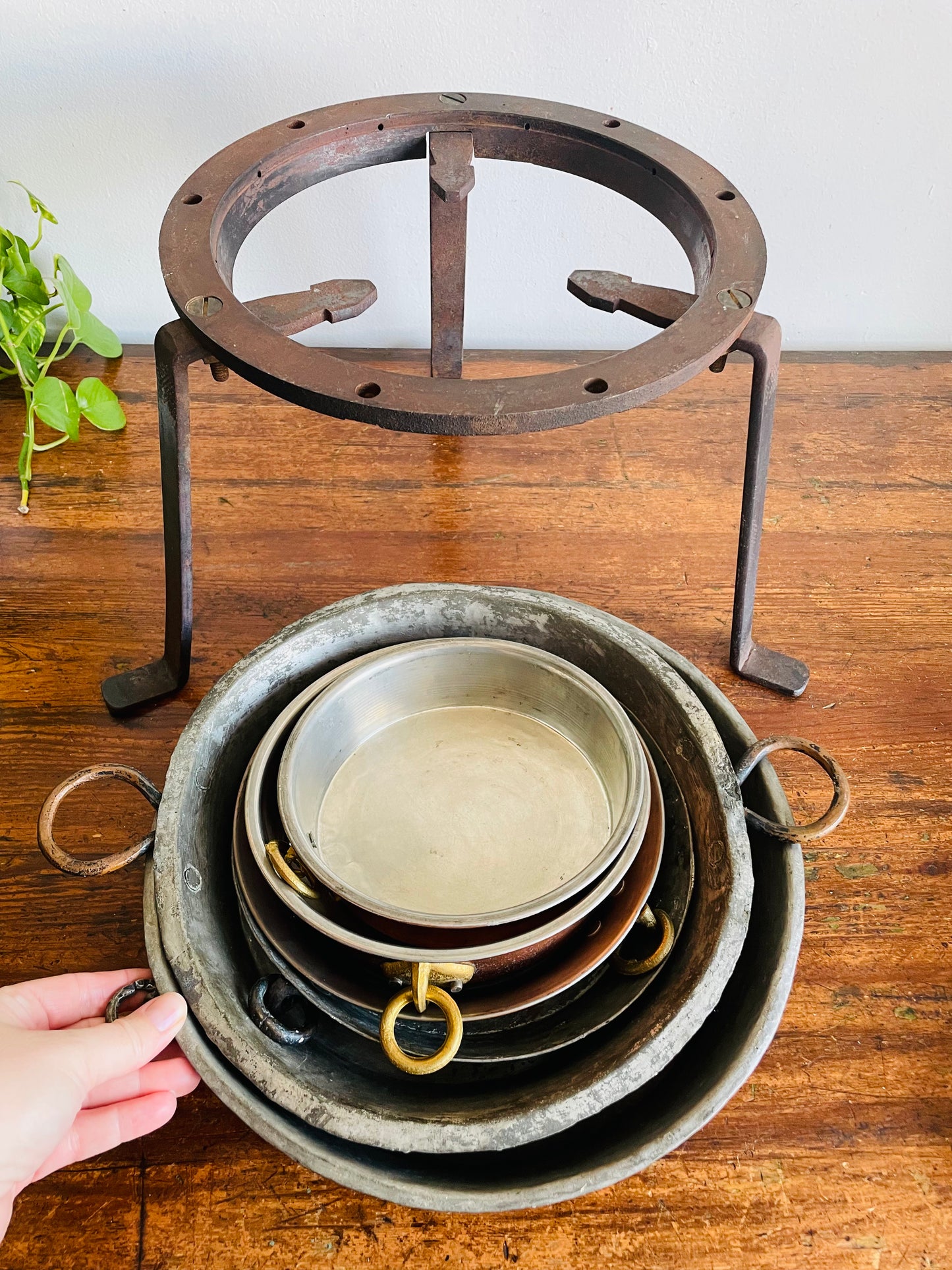 Vintage / Possibly Antique Iron Cauldron Stand & Copper Pot Cooking Set - Hearth & Open Fire Cooking - Includes 6 Pans - French Farmhouse Kitchen - For Shipping Please Read Special Instructions
