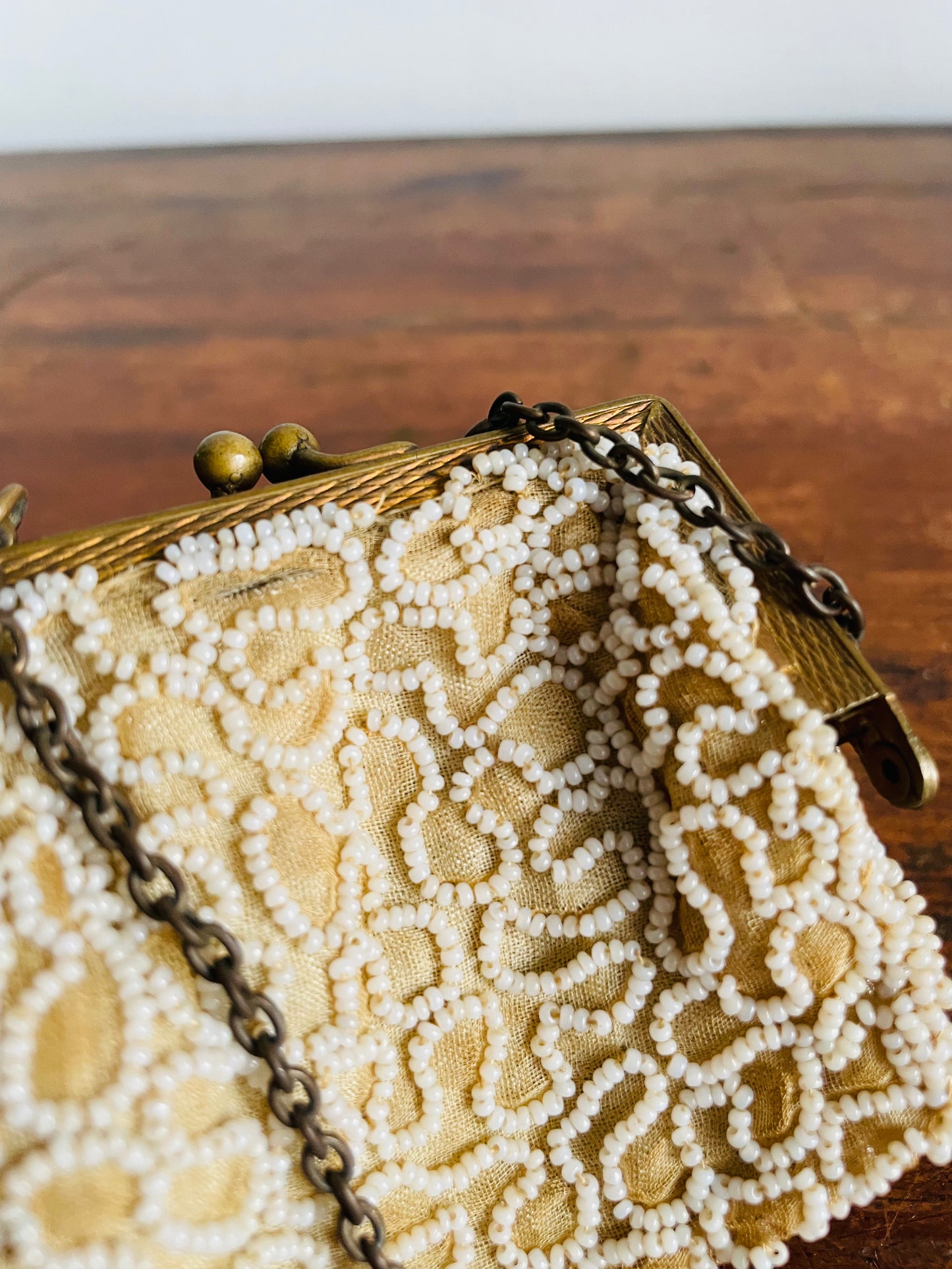 Antique Delicate & Dainty Hand Beaded Tiny Pouch Purse on Brass Chain