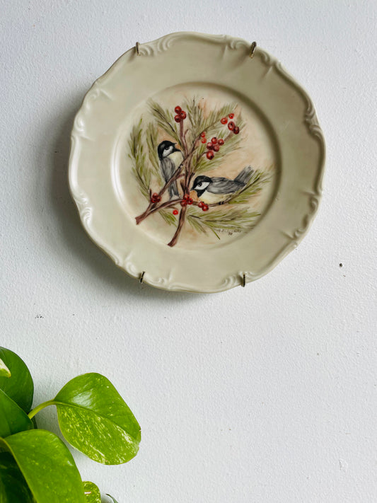 Edelstein Bavaria Maria-Theresia Germany Plate - Hand Painted with Chickadee Bird Winter Scene by A. Blackburn in 1978 - Updated: Plate Hanger Now Included