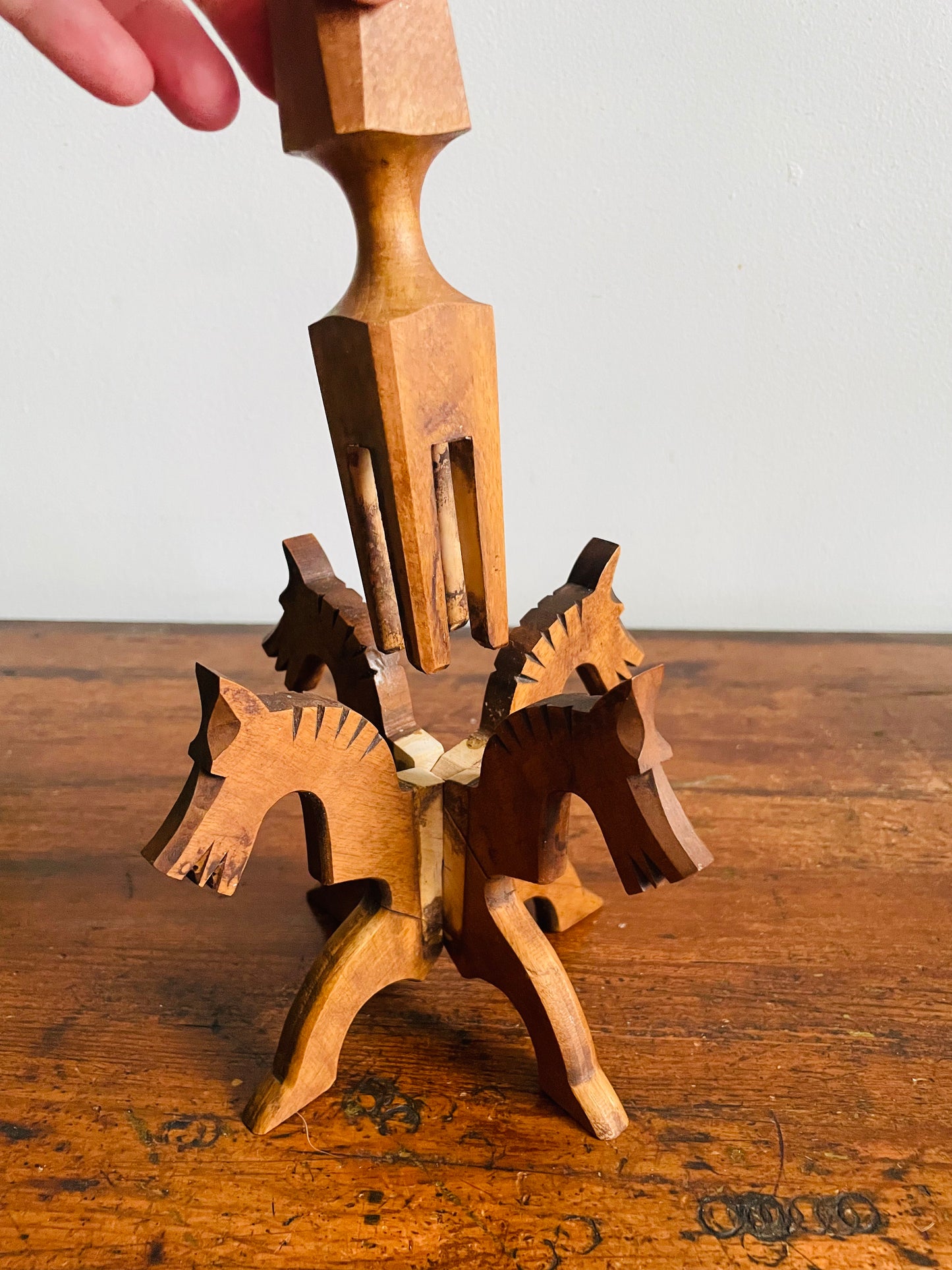 Vintage Swedish Odinstake Wood Candle Holder with Interlocking Puzzle Horse Figurines by Bertil Johansson - Sparlösa Sweden