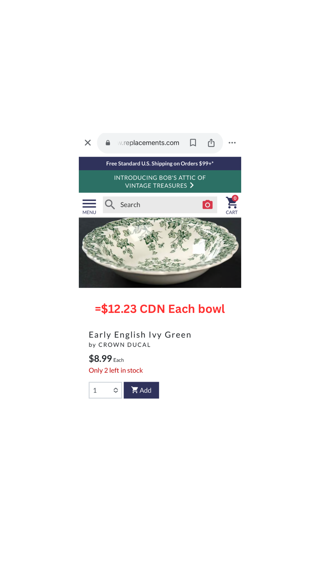 Crown Ducal England Small Fruit, Dessert or Sauce Bowls - Adaptation of Early English Ivy Green Pattern - Set of 6