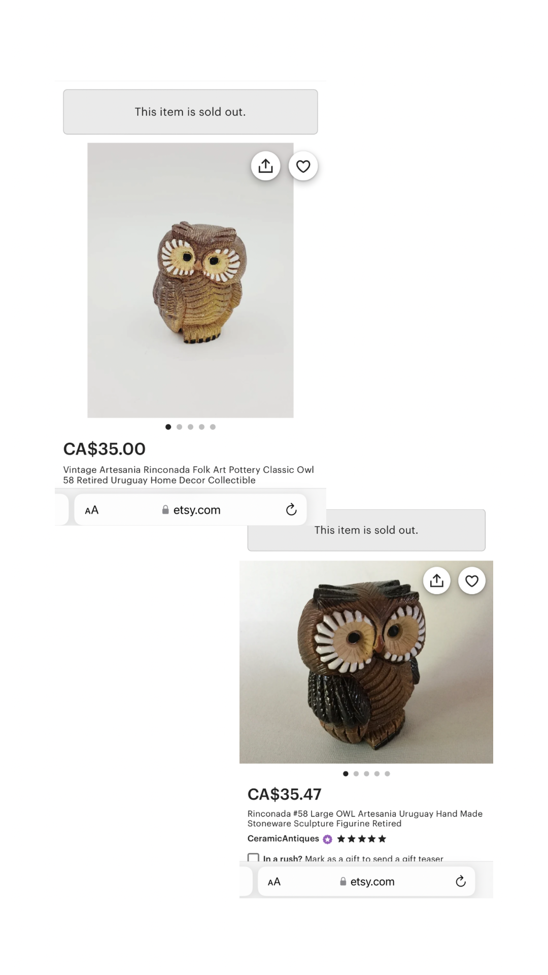 Artesania Rinconada Uruguay Folk Art Pottery Owl Figurine - Retired #58