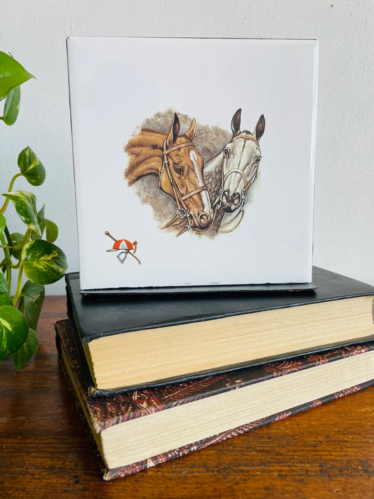 Vintage Tile & Metal Single Bookend with Equestrian Horse Design - Hunnisett & Edmonds, Toronto