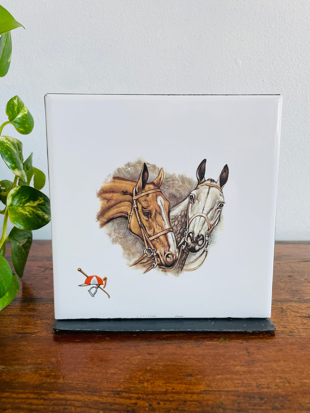 Vintage Tile & Metal Single Bookend with Equestrian Horse Design - Hunnisett & Edmonds, Toronto