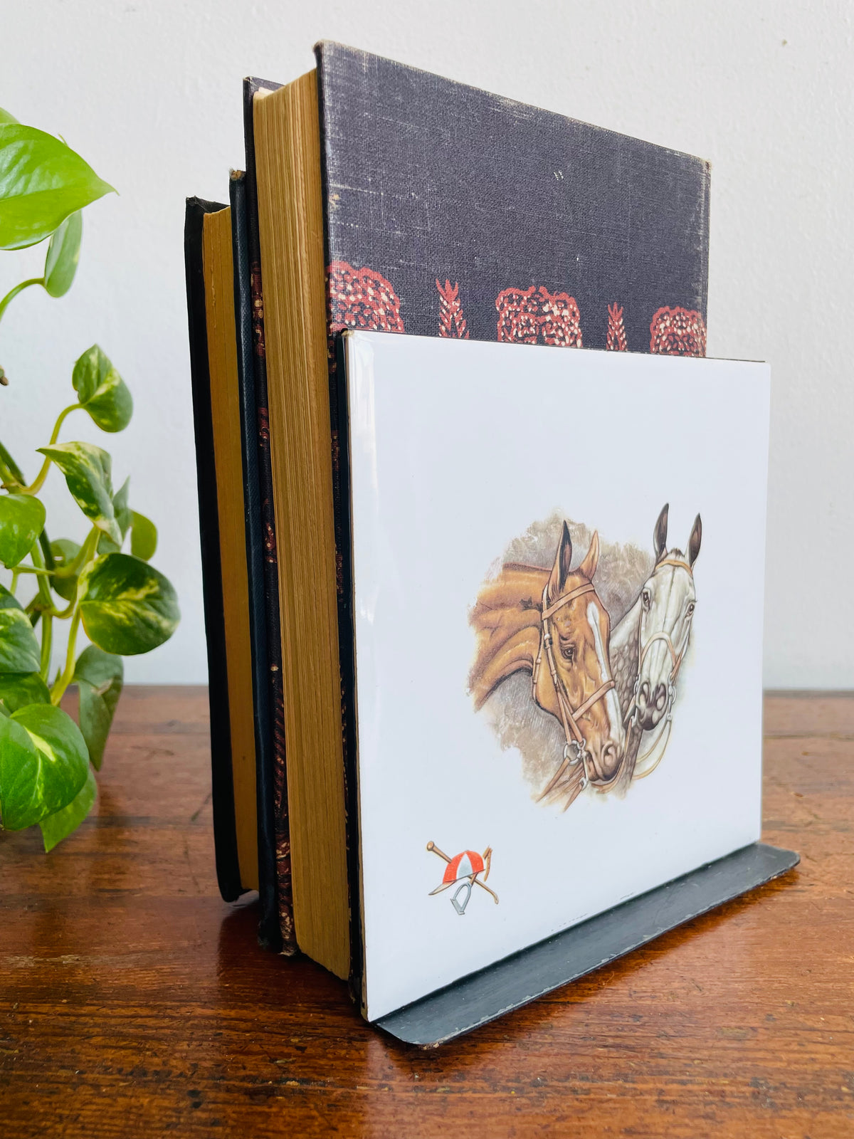 Vintage Tile & Metal Single Bookend with Equestrian Horse Design - Hunnisett & Edmonds, Toronto