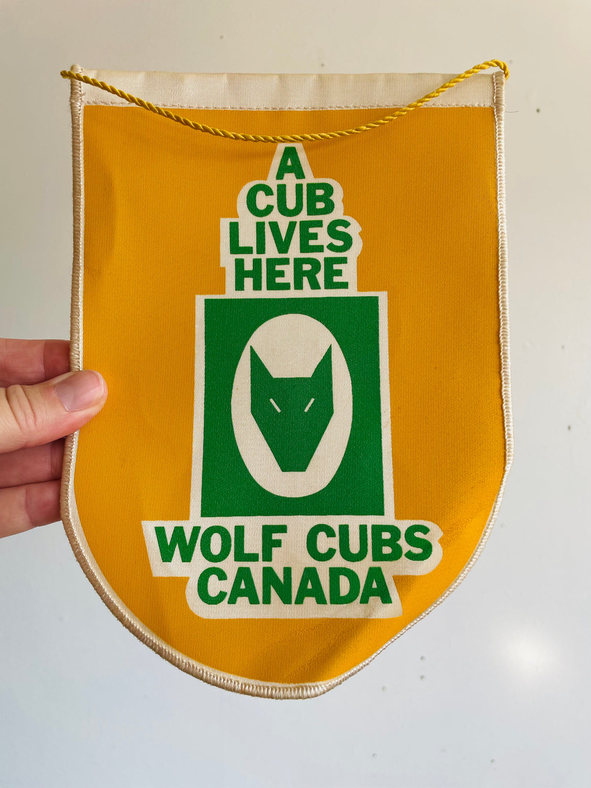 Vintage Scouts Canada Wolf Cubs Hanging Pennant Banner Sign on Braided Rope - A Cub Lives Here