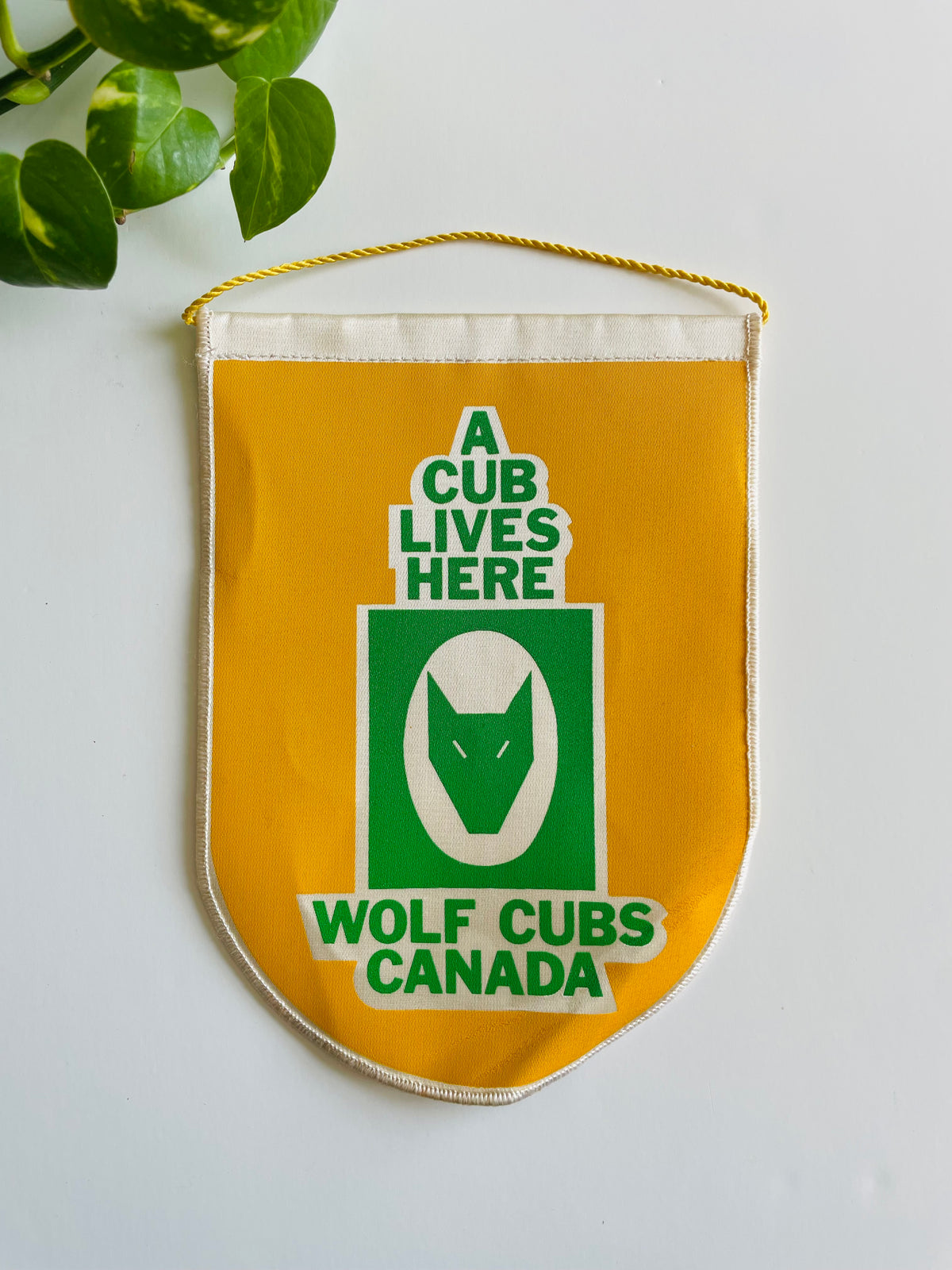 Vintage Scouts Canada Wolf Cubs Hanging Pennant Banner Sign on Braided Rope - A Cub Lives Here