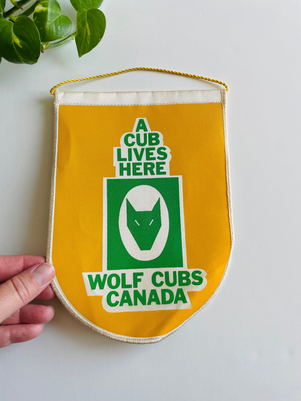 Vintage Scouts Canada Wolf Cubs Hanging Pennant Banner Sign on Braided Rope - A Cub Lives Here