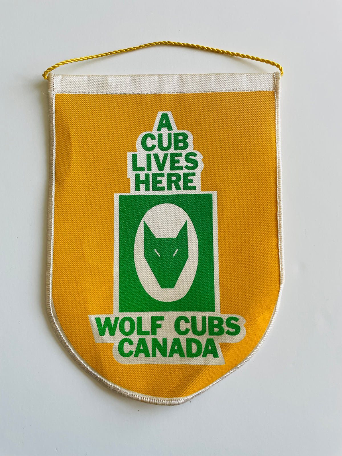 Vintage Scouts Canada Wolf Cubs Hanging Pennant Banner Sign on Braided Rope - A Cub Lives Here