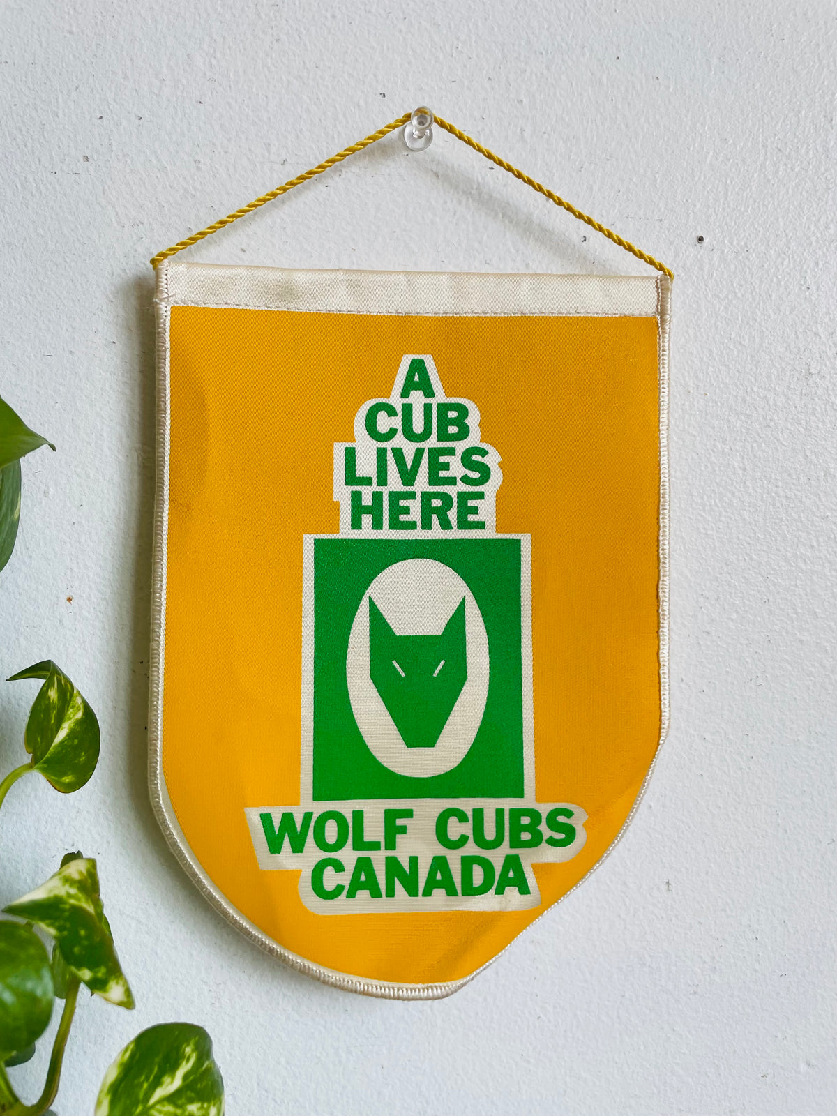 Vintage Scouts Canada Wolf Cubs Hanging Pennant Banner Sign on Braided Rope - A Cub Lives Here