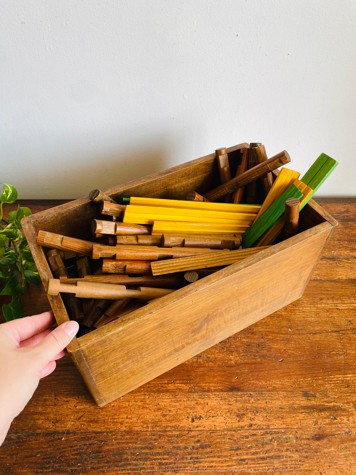 Vintage Large Wooden Crate Box Full of Lincoln Logs - Wood Cabin Building Toy Block Set - No Shipping