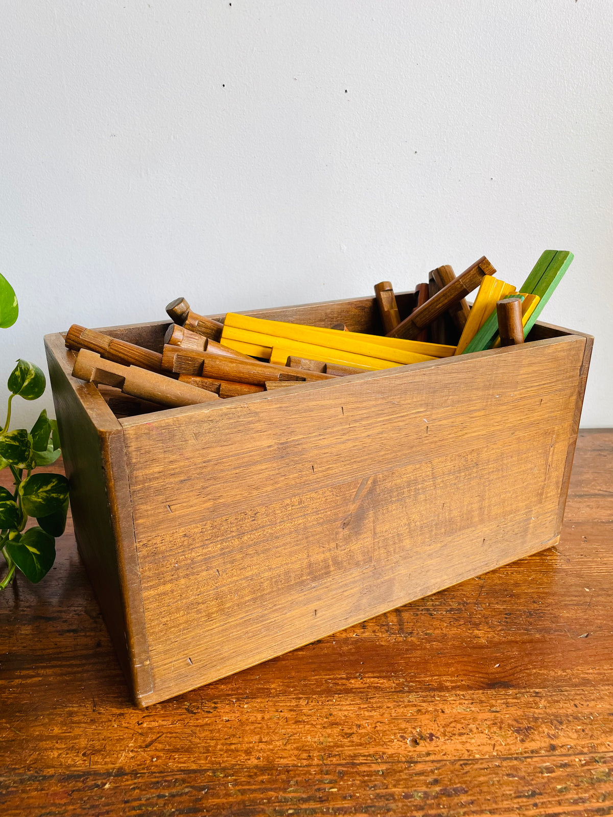 Vintage Large Wooden Crate Box Full of Lincoln Logs - Wood Cabin Building Toy Block Set - No Shipping