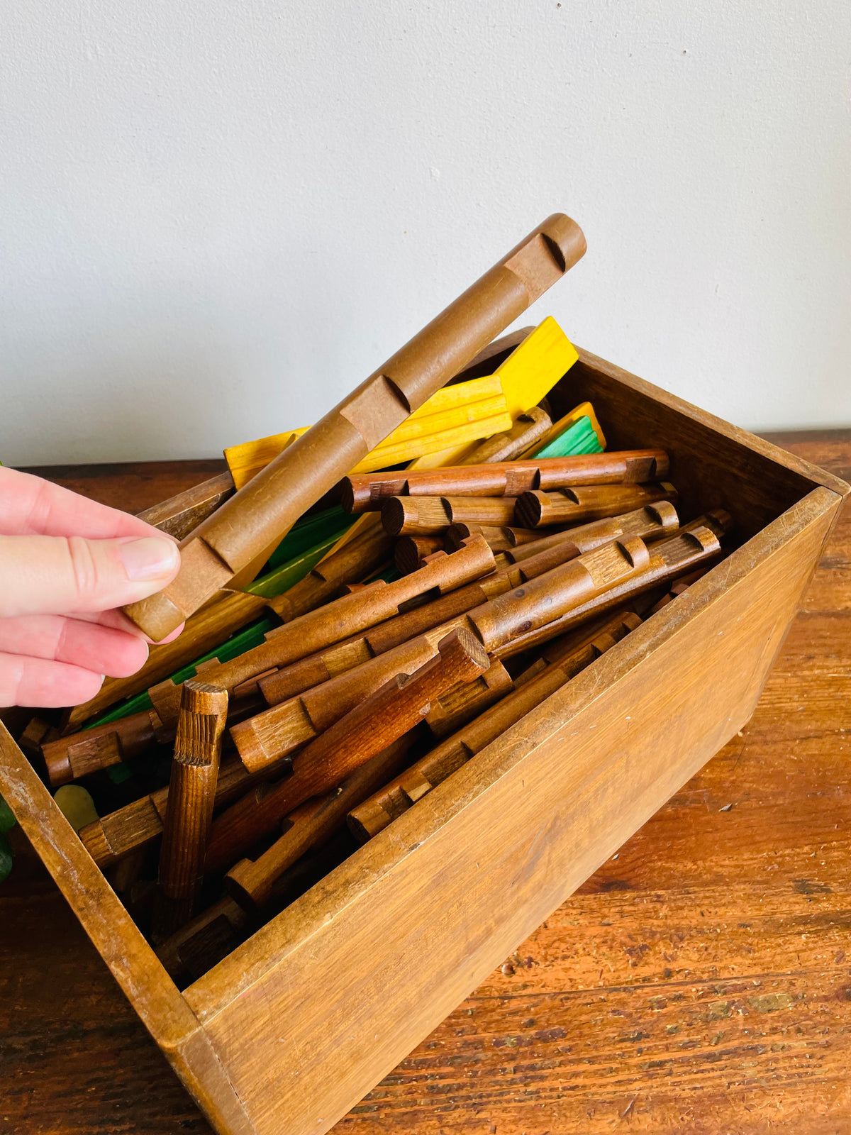 Vintage Large Wooden Crate Box Full of Lincoln Logs - Wood Cabin Building Toy Block Set - No Shipping