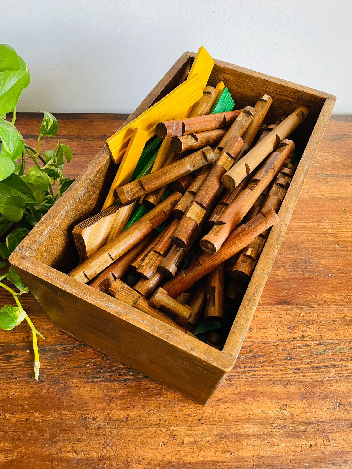 Vintage Large Wooden Crate Box Full of Lincoln Logs - Wood Cabin Building Toy Block Set - No Shipping