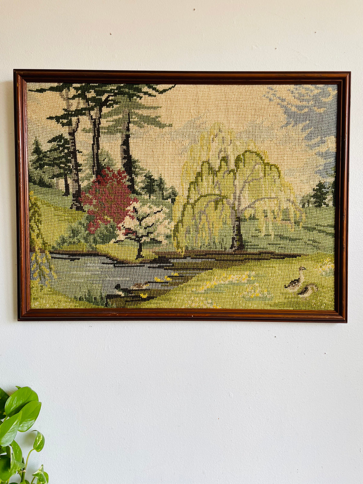 Vintage Needlepoint Embroidery Picture of Serene Landscape Scene - Weeping Willow & Other Trees Along River With Ducks - No Shipping