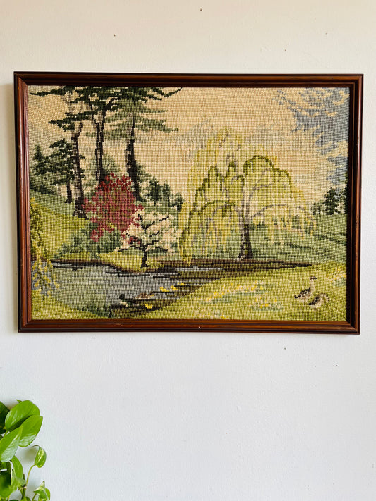 Vintage Needlepoint Embroidery Picture of Serene Landscape Scene - Weeping Willow & Other Trees Along River With Ducks - No Shipping