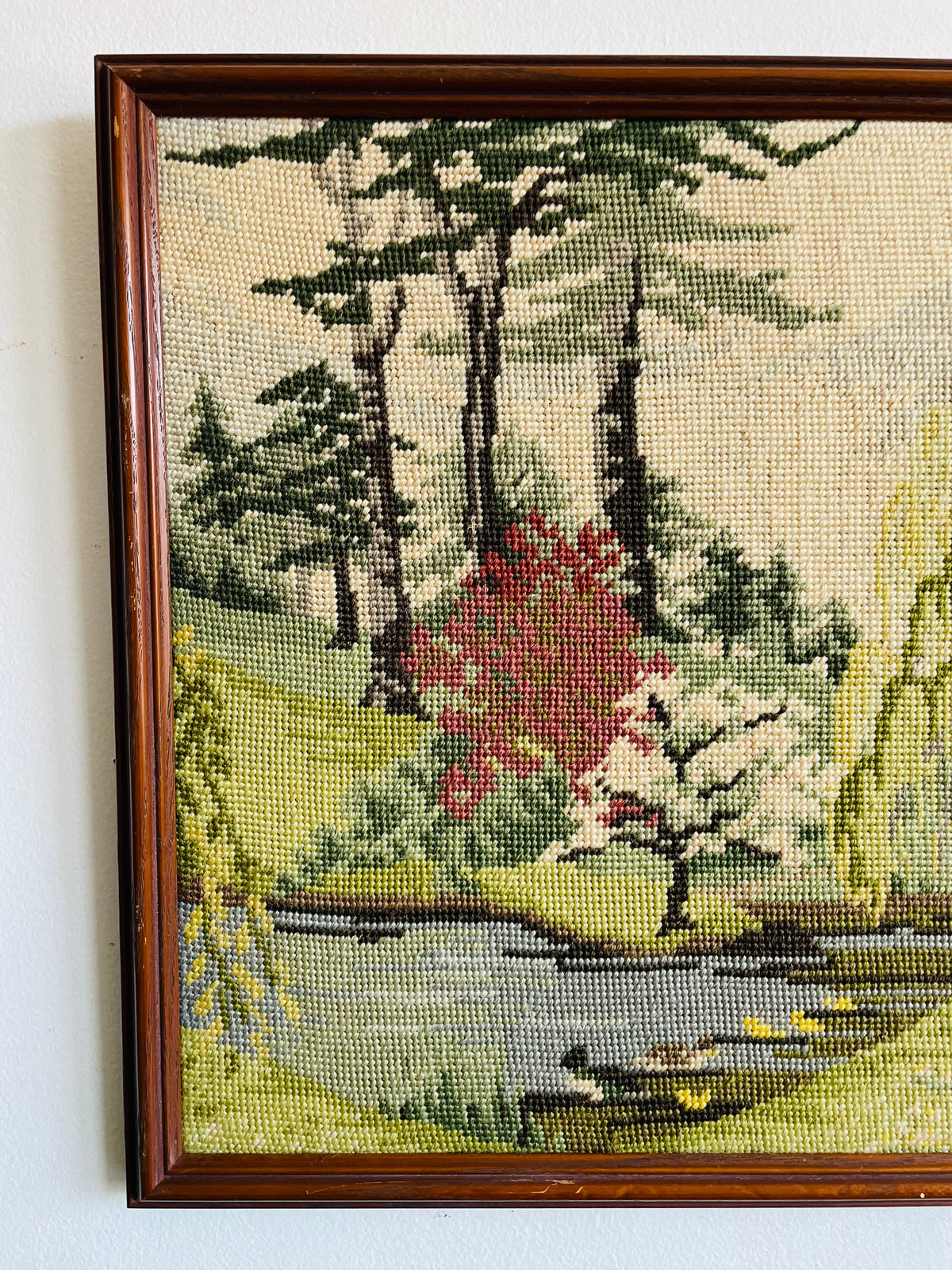 Vintage Needlepoint Embroidery Picture of Serene Landscape Scene - Weeping Willow & Other Trees Along River With Ducks - No Shipping
