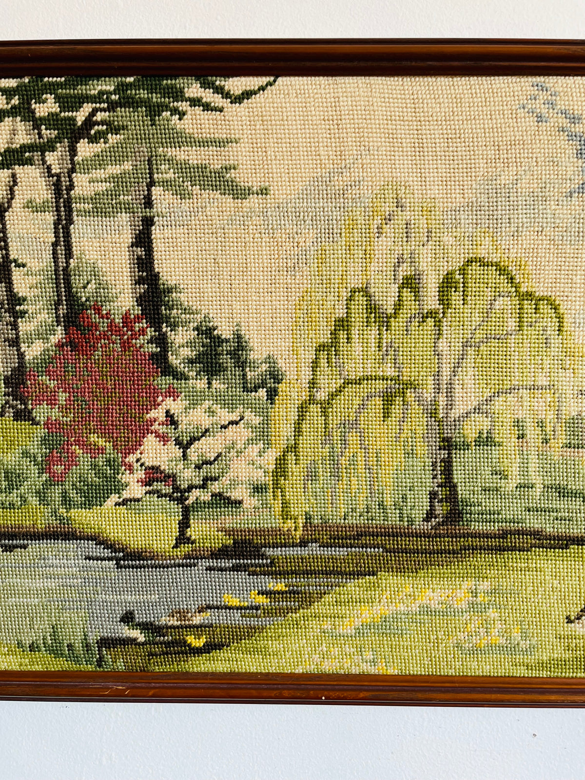 Vintage Needlepoint Embroidery Picture of Serene Landscape Scene - Weeping Willow & Other Trees Along River With Ducks - No Shipping