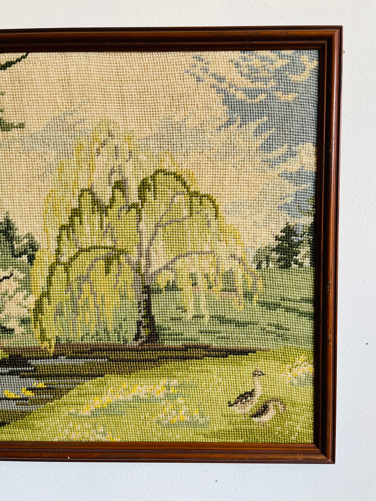 Vintage Needlepoint Embroidery Picture of Serene Landscape Scene - Weeping Willow & Other Trees Along River With Ducks - No Shipping