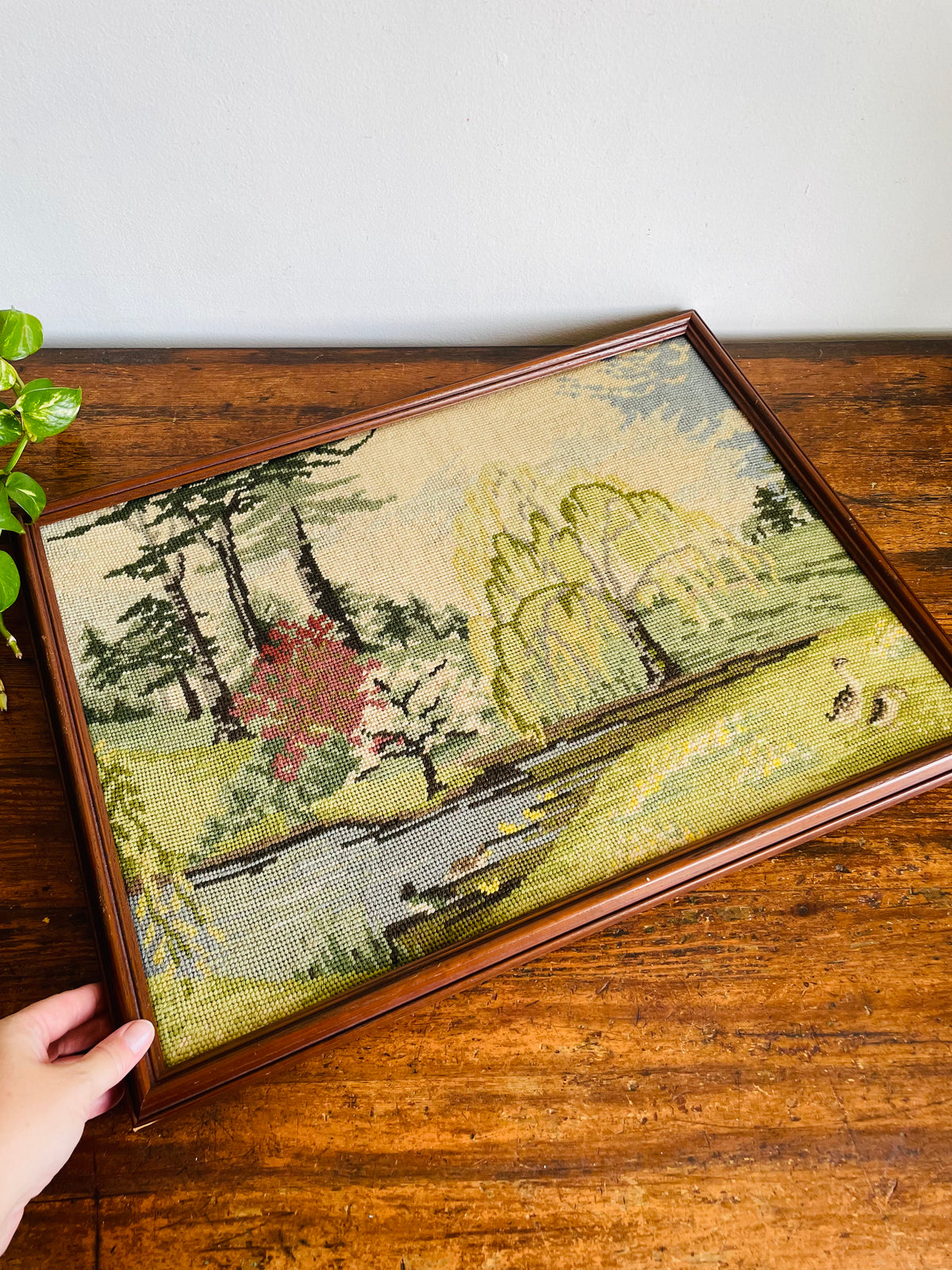 Vintage Needlepoint Embroidery Picture of Serene Landscape Scene - Weeping Willow & Other Trees Along River With Ducks - No Shipping