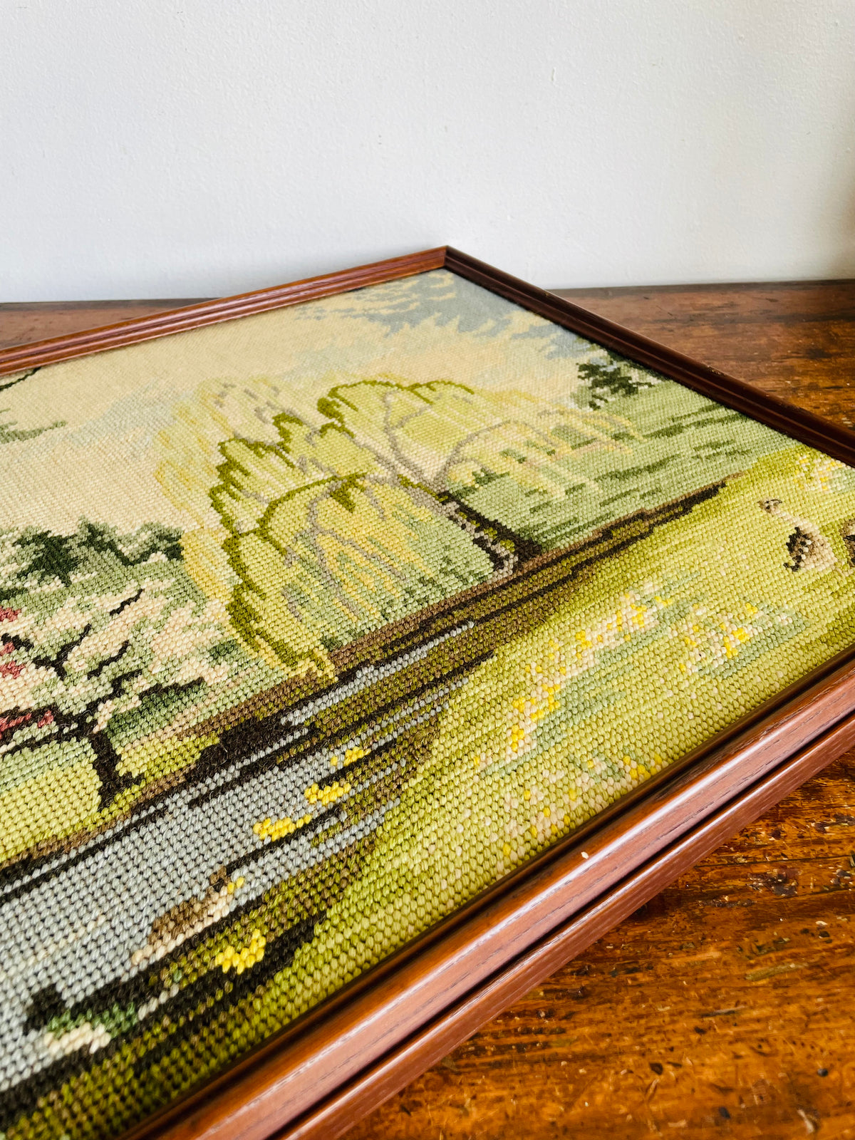 Vintage Needlepoint Embroidery Picture of Serene Landscape Scene - Weeping Willow & Other Trees Along River With Ducks - No Shipping