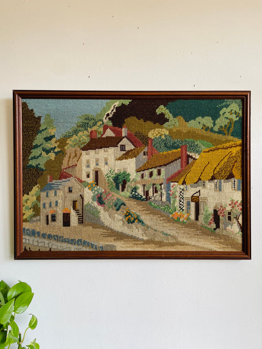 Vintage Needlepoint Embroidery Picture of Adorable Cottage Houses Street Scene - Coastal Village of Lynmouth - North Devon, England - No Shipping
