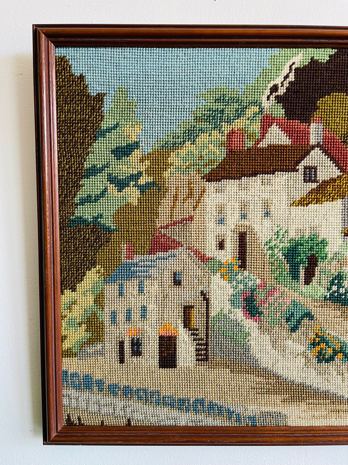 Vintage Needlepoint Embroidery Picture of Adorable Cottage Houses Street Scene - Coastal Village of Lynmouth - North Devon, England - No Shipping