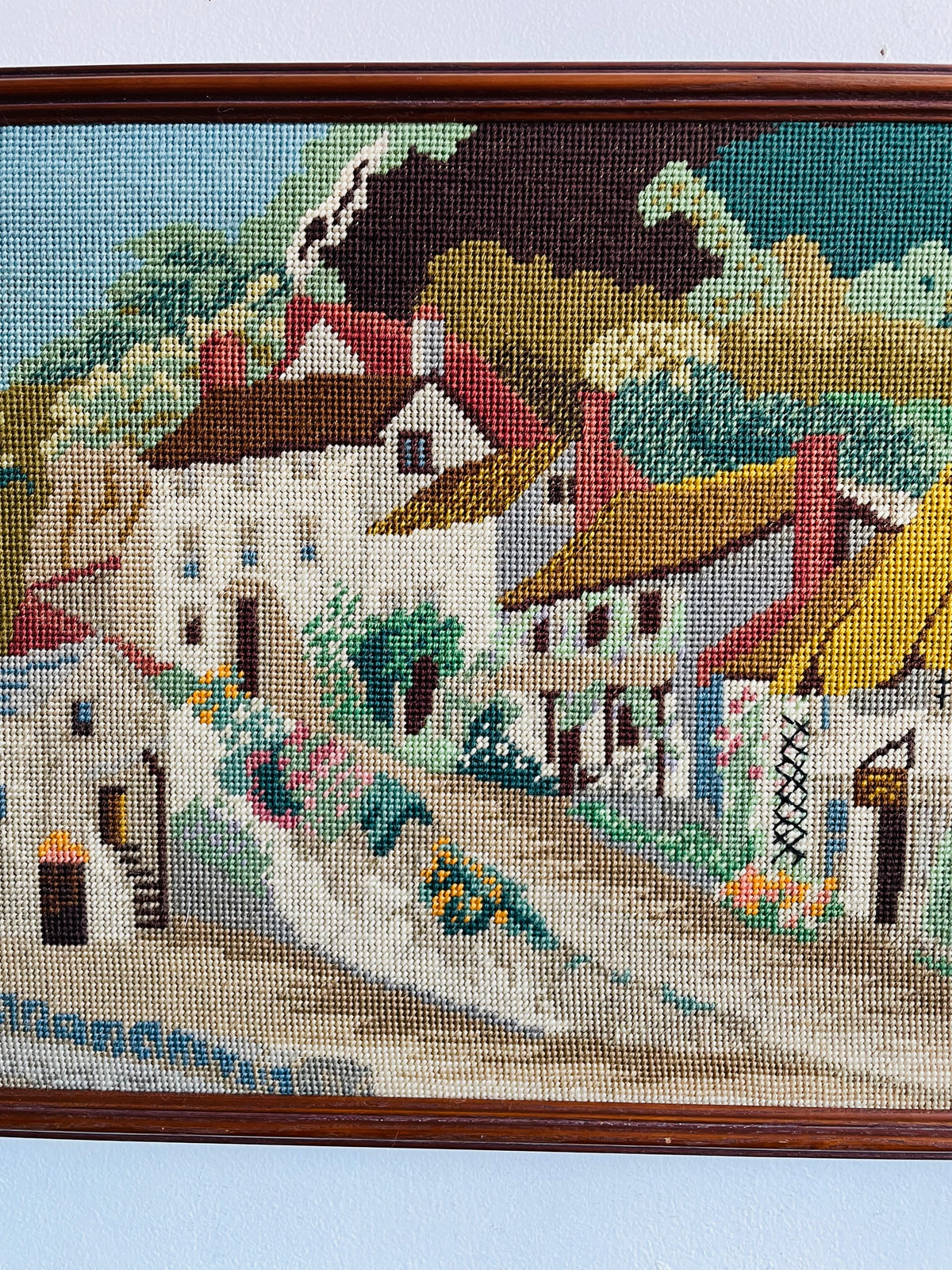 Vintage Needlepoint Embroidery Picture of Adorable Cottage Houses Street Scene - Coastal Village of Lynmouth - North Devon, England - No Shipping