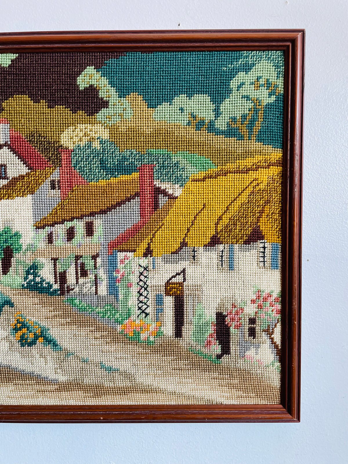 Vintage Needlepoint Embroidery Picture of Adorable Cottage Houses Street Scene - Coastal Village of Lynmouth - North Devon, England - No Shipping