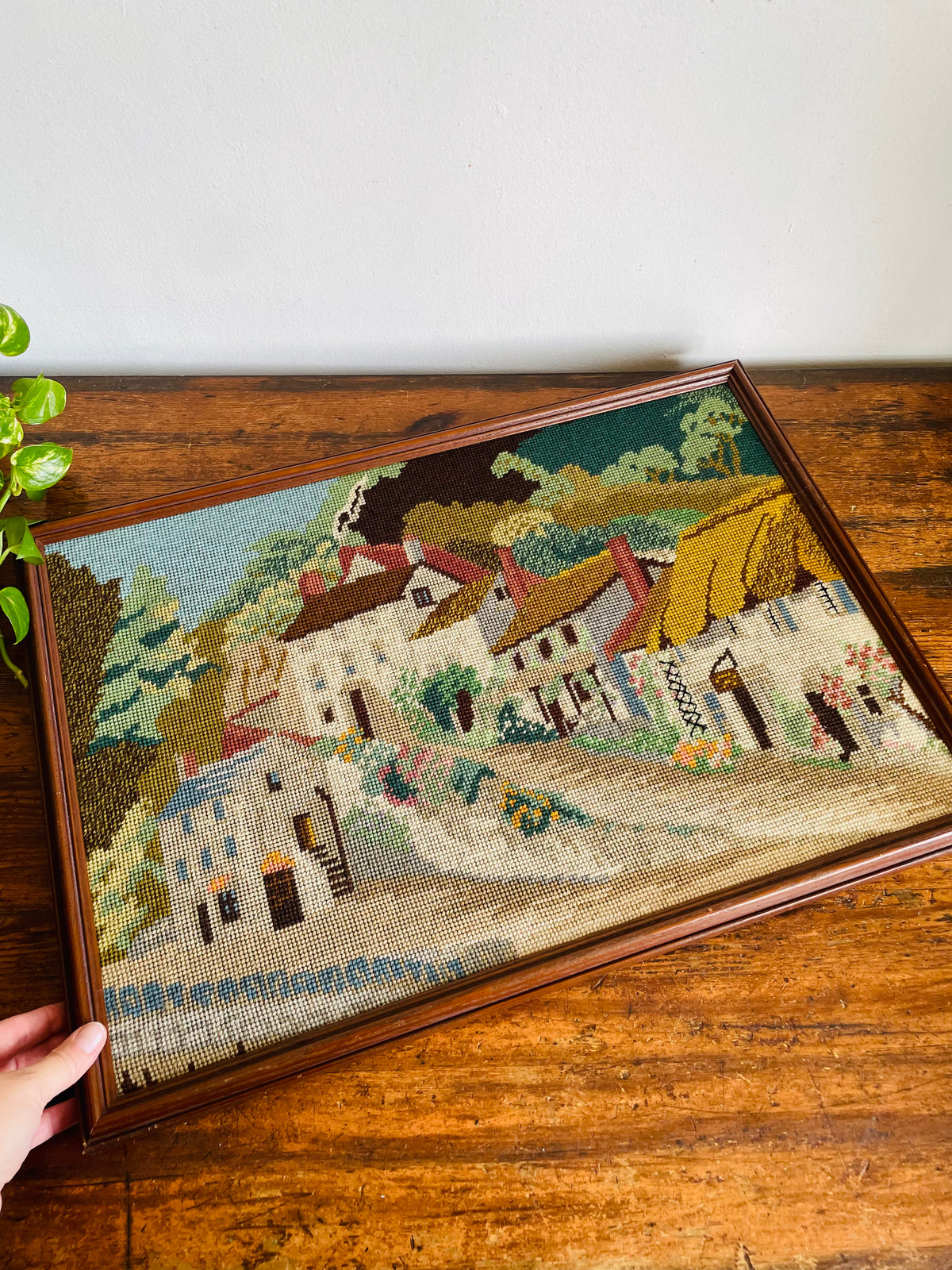 Vintage Needlepoint Embroidery Picture of Adorable Cottage Houses Street Scene - Coastal Village of Lynmouth - North Devon, England - No Shipping
