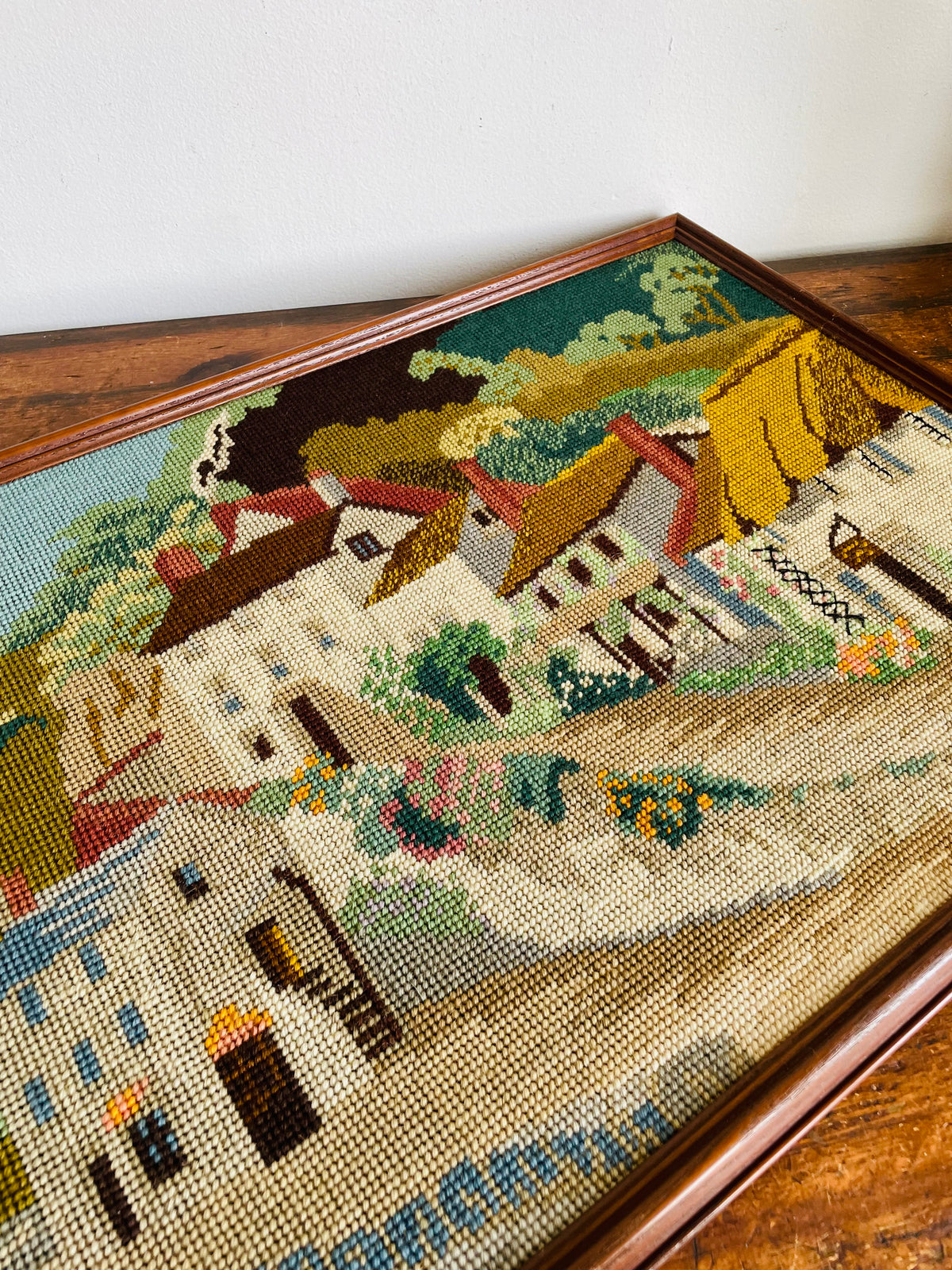 Vintage Needlepoint Embroidery Picture of Adorable Cottage Houses Street Scene - Coastal Village of Lynmouth - North Devon, England - No Shipping