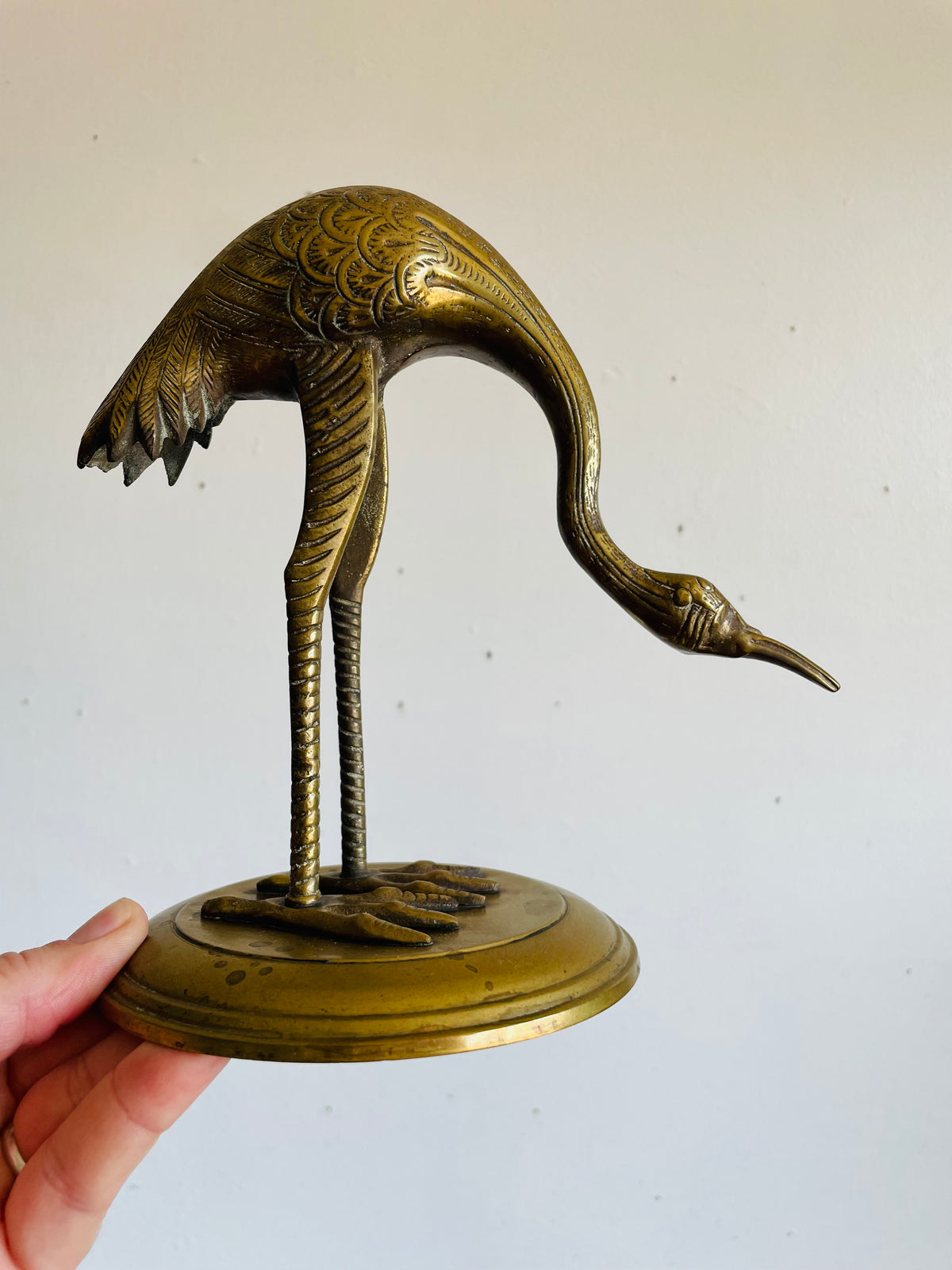 Vintage Solid Brass Etched Crane Bird Statue on Round Base - Handmade in India