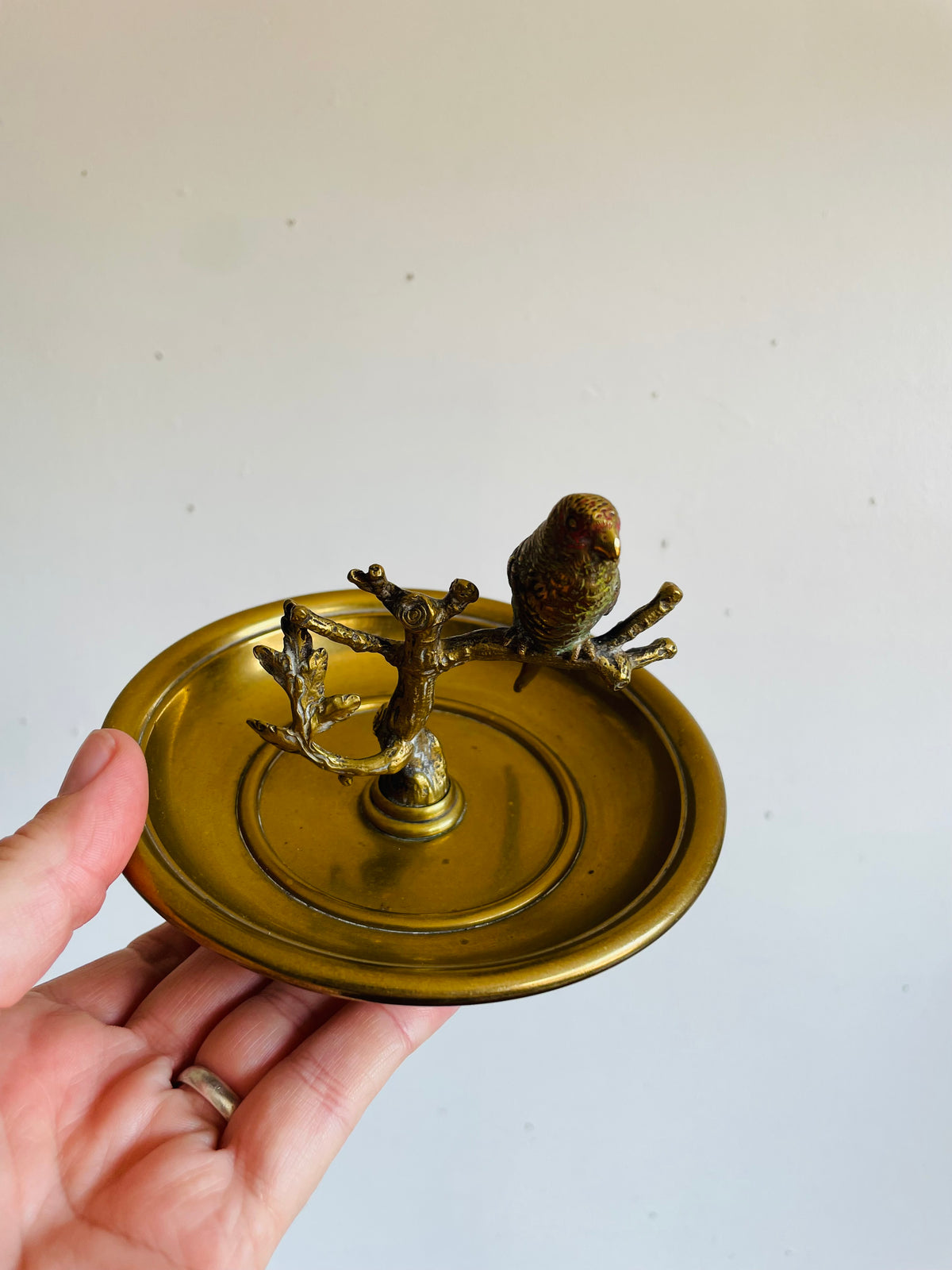 Vintage Solid Brass & Gold Metal Trinket or Jewellery Pedestal Dish Bowl with Parrot Bird on Branch